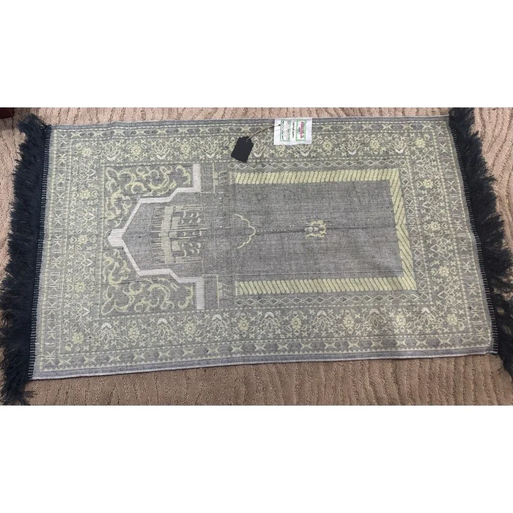 Turkish Islamic Prayer Mat Rug Velvet Blue And Green Fringe
